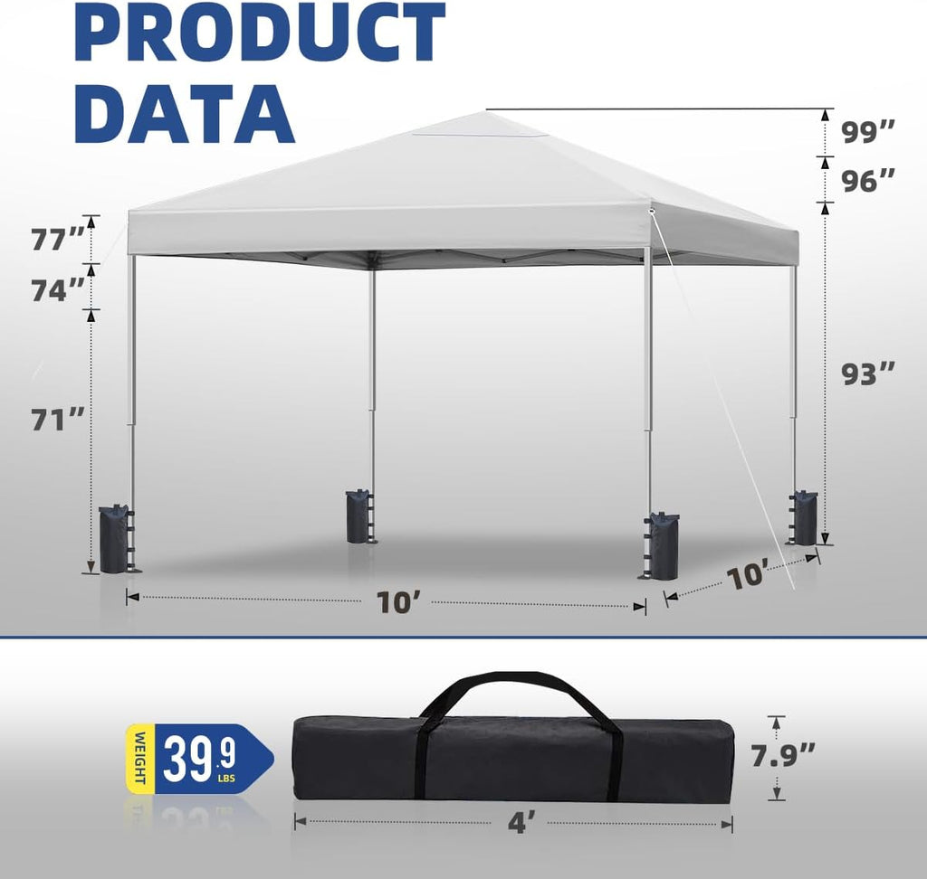 10x10ft Pop Up Canopy Tent Instant Shelter, Portable Outdoor Sun Shade with Silver Coated UPF 50+ Waterproof Top, 3-Height Adjustable Frame for Camping, Parties, Events (White)