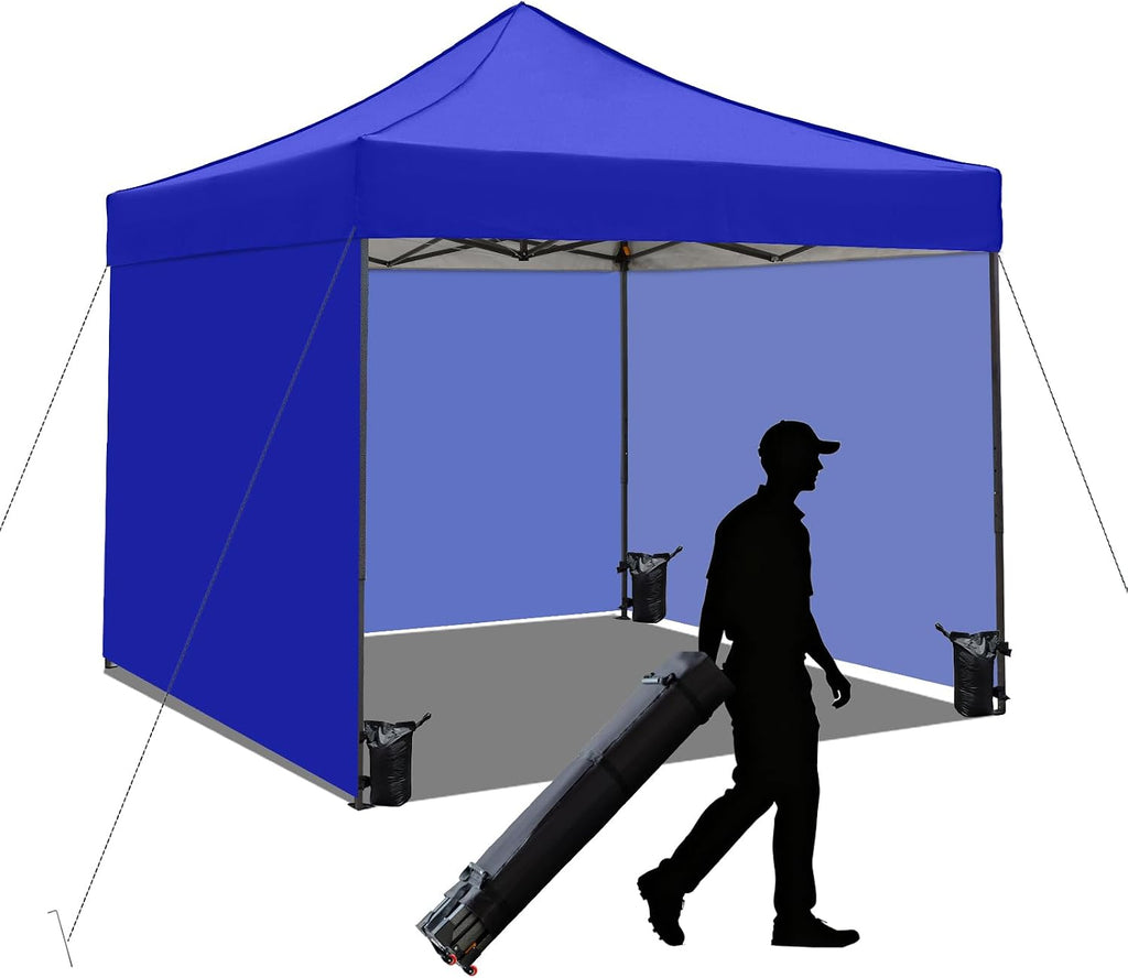 10x10 Pop up Canopy Tent with Sidewalls,Heavy Duty Waterproof Sun Shade Canopy Easy up Canopy with Wheel Bag Commercial Gazebo Tent for Outdoors Parties Vendors Camping Beach(Blue)