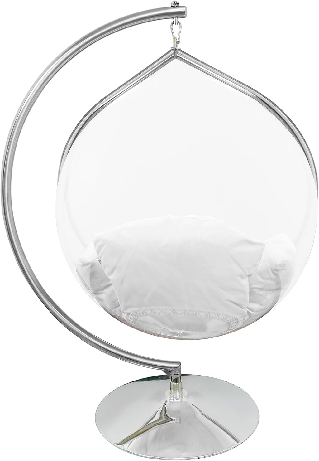 Hanging Chair - Transparent Acrylic Bubble, Waterdrop Shape, Indoor Swing Chair with Gold/Chrome Stand, Durable Fabric Cushion - Luxury Accent for Living Room, Bedroom (Chrome/White)