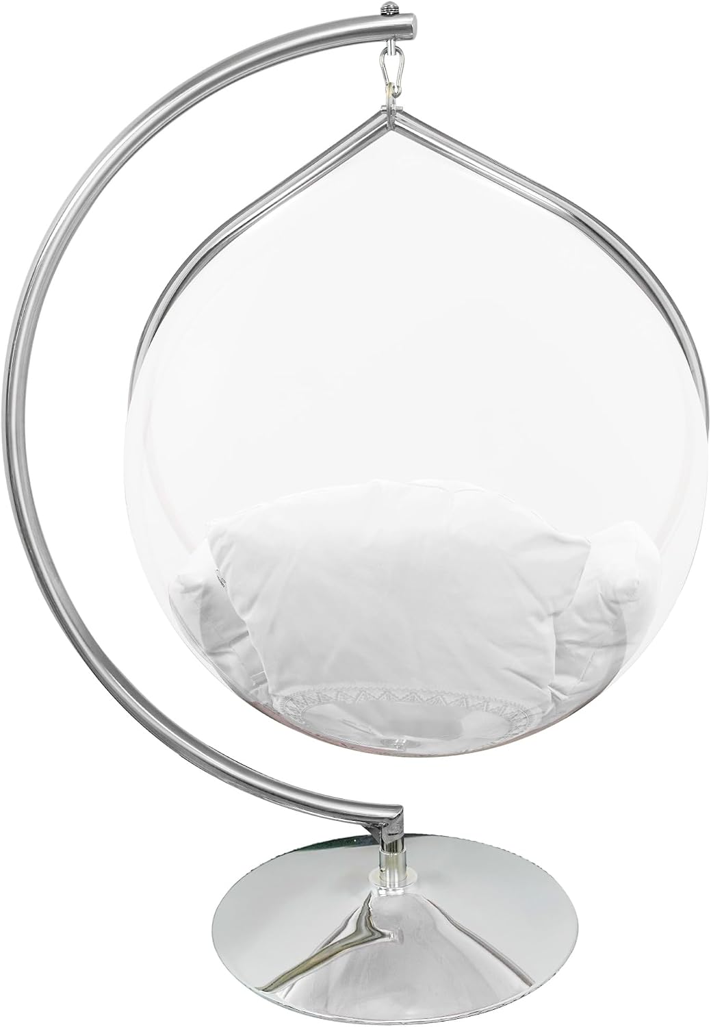 Hanging Chair - Transparent Acrylic Bubble, Waterdrop Shape, Indoor Swing Chair with Gold/Chrome Stand, Durable Fabric Cushion - Luxury Accent for Living Room, Bedroom (Chrome/White)