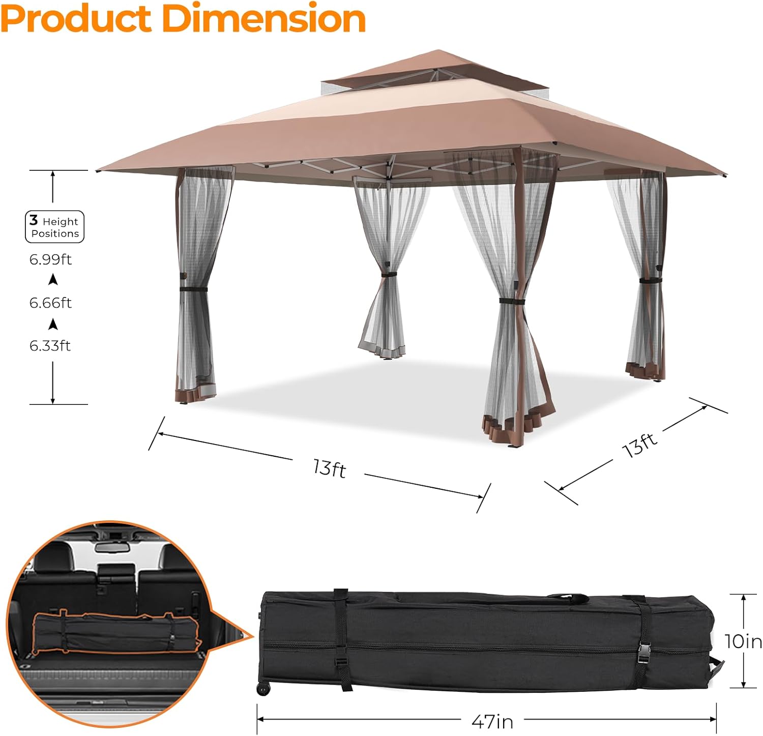 13x13 Pop Up Gazebo Outdoor Canopy Shelter with 4 Sandbags, Instant Patio Gazebo Sun Shade Canopy Tent, Double Tiers & Mesh Netting for Lawn, Garden, Backyard & Deck, Coffee
