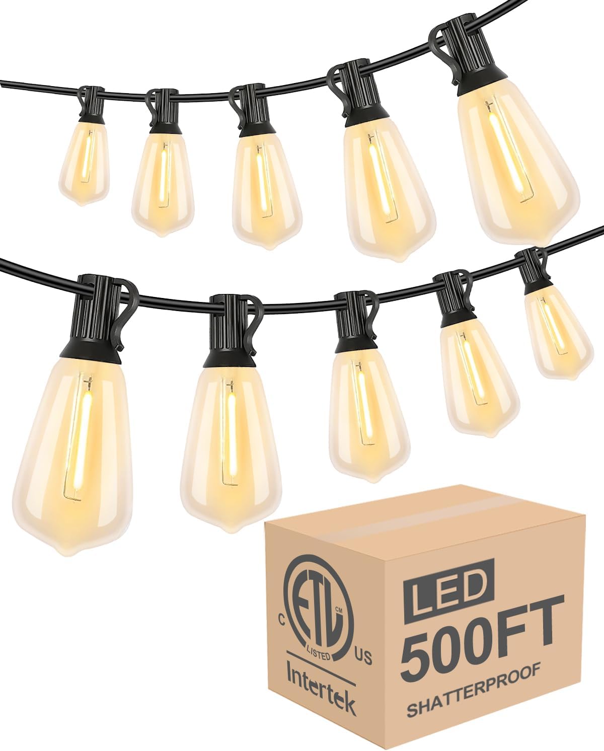Lightdot LED Outdoor String Lights 500FT Patio Lights with 160 Shatterproof ST38 Vintage Edison Bulbs, Outside Hanging Light Waterproof for Porch, Deck, Garden, Backyard, Balcony, Dimmable- ETL Listed