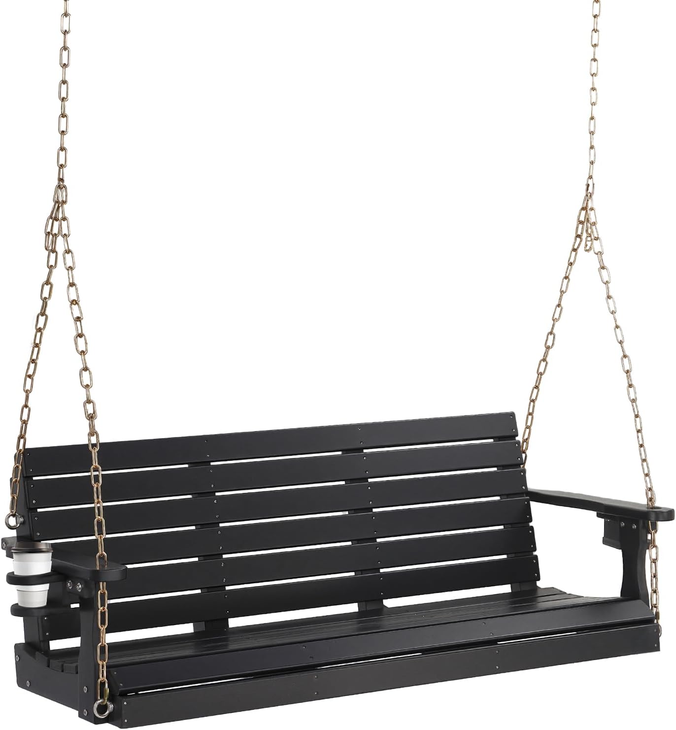 VINGLI Heavy Duty 1600 LBS HDPE Porch Swing Outdoor with Rotatable Cup Holder, 5 FT Patio Bench Swing with Adjustable Chains, 3 Person Hanging Porch Swing Chair for Porch, Yard, Tree, Garden - Black