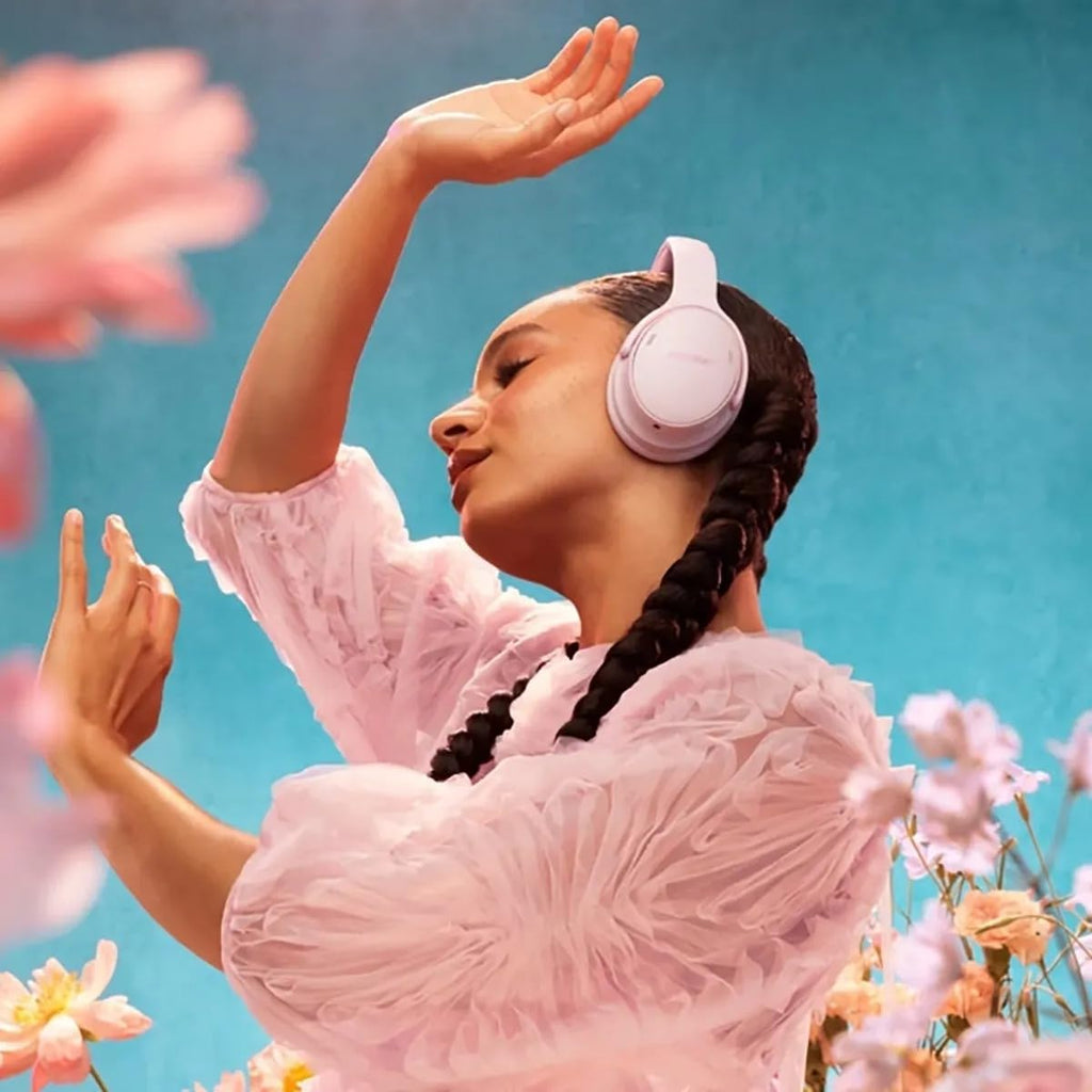 Bose QuietComfort Headphones - Wireless Bluetooth Headphones, Active Over Ear Noise Cancelling and Mic, Deep Bass Bundle + Desktop Headphone Stand + Green Extreme Dual Wall Charger (Petal Pink)