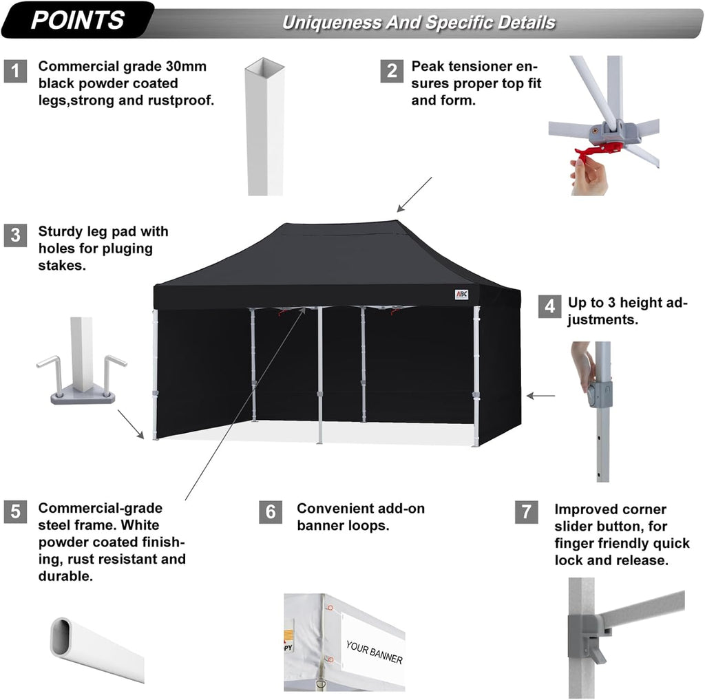 ABCCANOPY Easy Pop Up Canopy Tent with Sidewalls 8X16 Commercial -Series, Black