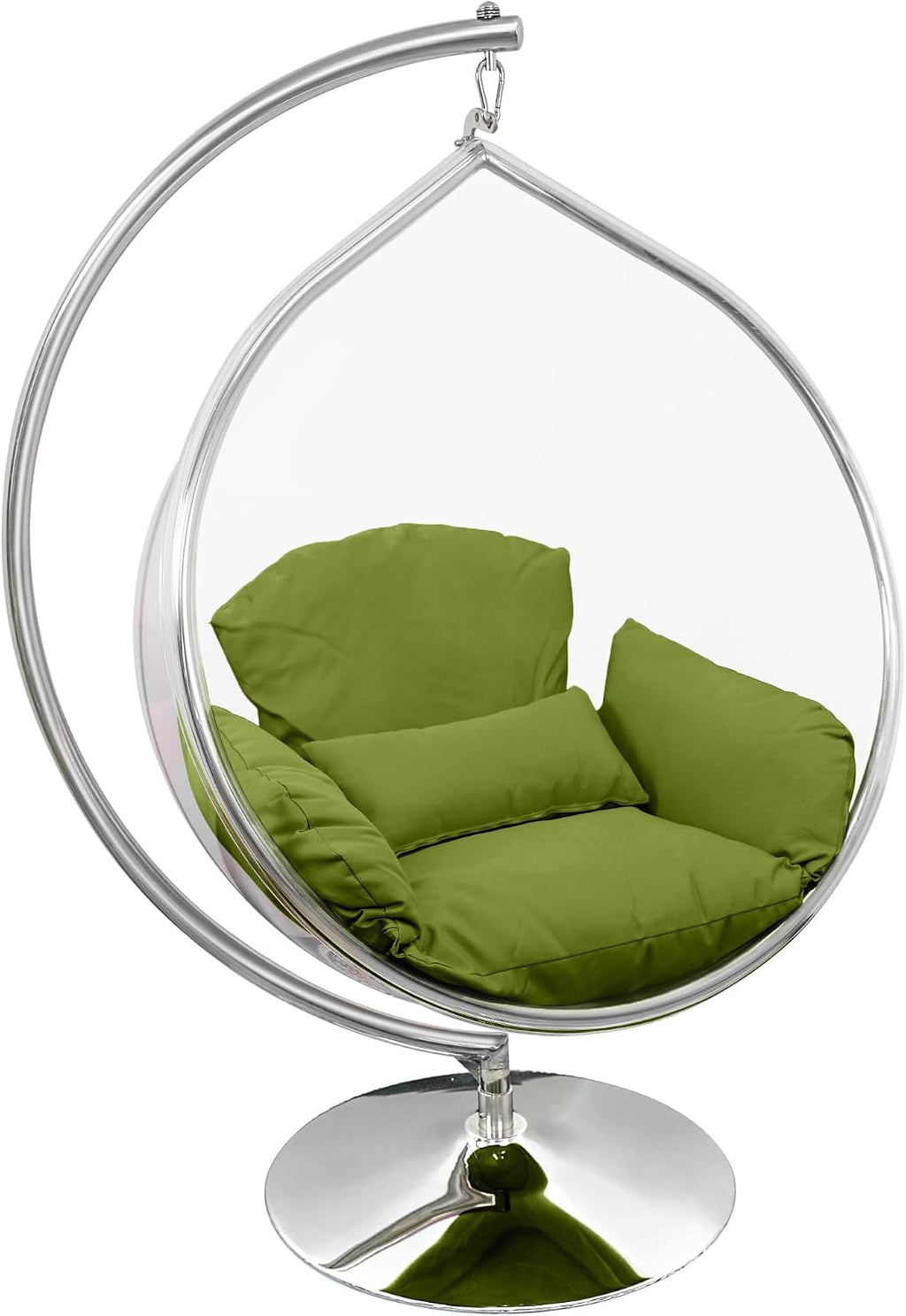 Hanging Chair - Transparent Acrylic Bubble, Waterdrop Shape, Indoor Swing Chair with Gold/Chrome Stand, Durable Fabric Cushion - Luxury Accent for Living Room, Bedroom (Chrome/Green)