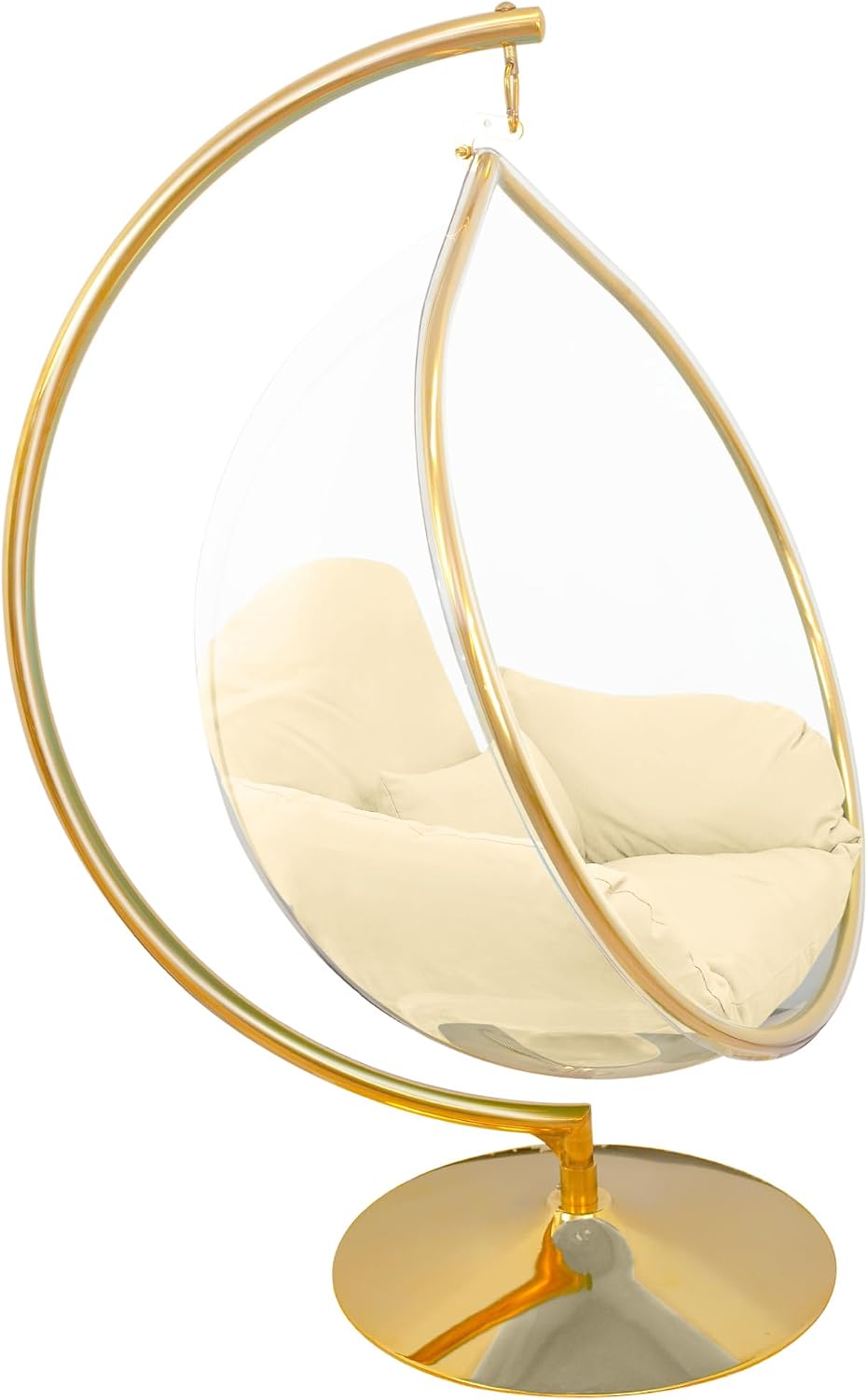 Hanging Chair - Transparent Acrylic Bubble, Waterdrop Shape, Indoor Swing Chair with Gold/Chrome Stand, Durable Fabric Cushion - Luxury Accent for Living Room, Bedroom (Gold/Ivory)