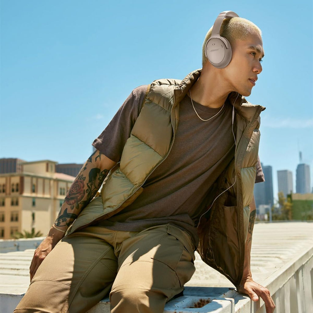 Bose QuietComfort Headphones - Wireless Bluetooth Headphones, Active Over Ear Noise Cancelling and Mic, Deep Bass Bundle + Desktop Headphone Stand + Green Extreme Dual Wall Charger (Sandstone)
