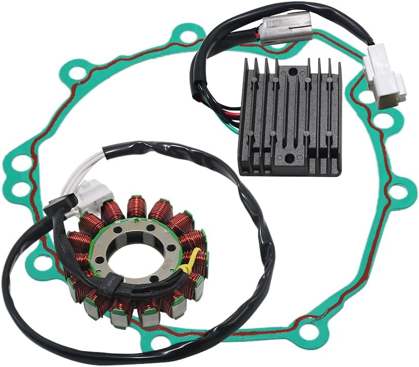 Stator Coil, Regulator Rectifier, Gasket Set Compatible with for Kawasaki ZX600 Ninja 600 ZX6R ZX-6R 2007-2008, Stator OEM: 21003-0049 Rectifier OEM: 21066-0025 Gasket Generator Cover OEM: 11061-0249