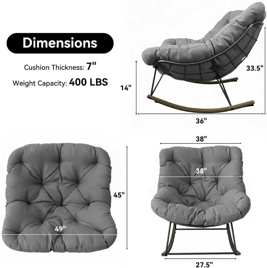 Outdoor Patio Rocking Chair, Oversized Papasan Chair with Cushion and Frame, Comfy Modern Rocker Egg Chair for Living Room, Garden Backyard, Grey