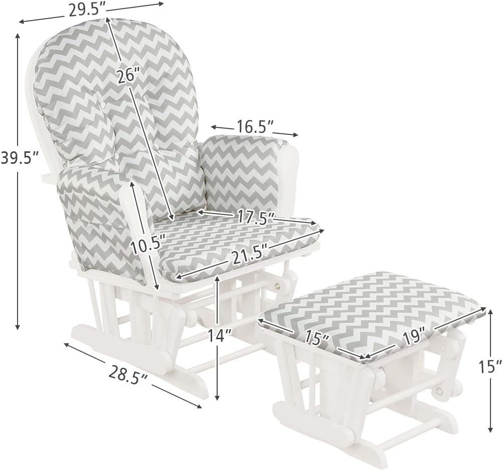 Costzon Nursery Glider with Ottoman, Upholstered Comfort Glider Rocker with Padded Cushion, Storage Pocket, Solid Wood Base, Rocking Chair Nursery for Breastfeeding, Napping (Gray and White)