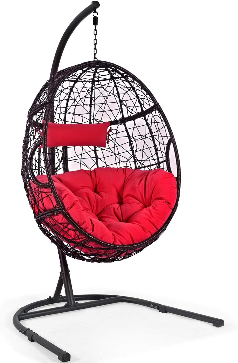 Giantex Hanging Egg Chair, Swing Chair with C-Hammock Stand Set, Hammock Chair with Soft Seat Cushion & Pillow, Multifunctional Hanging Chairs for Outdoor Indoor Bedroom (Red)