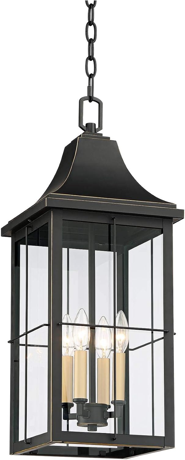 John Timberland Sunderland Traditional Outdoor Hanging Ceiling Light Fixture Black Warm Gold 24 3/4' Clear Glass Panels Exterior House Porch Patio Outside Deck Garage Front Door Garden Home Gazebo