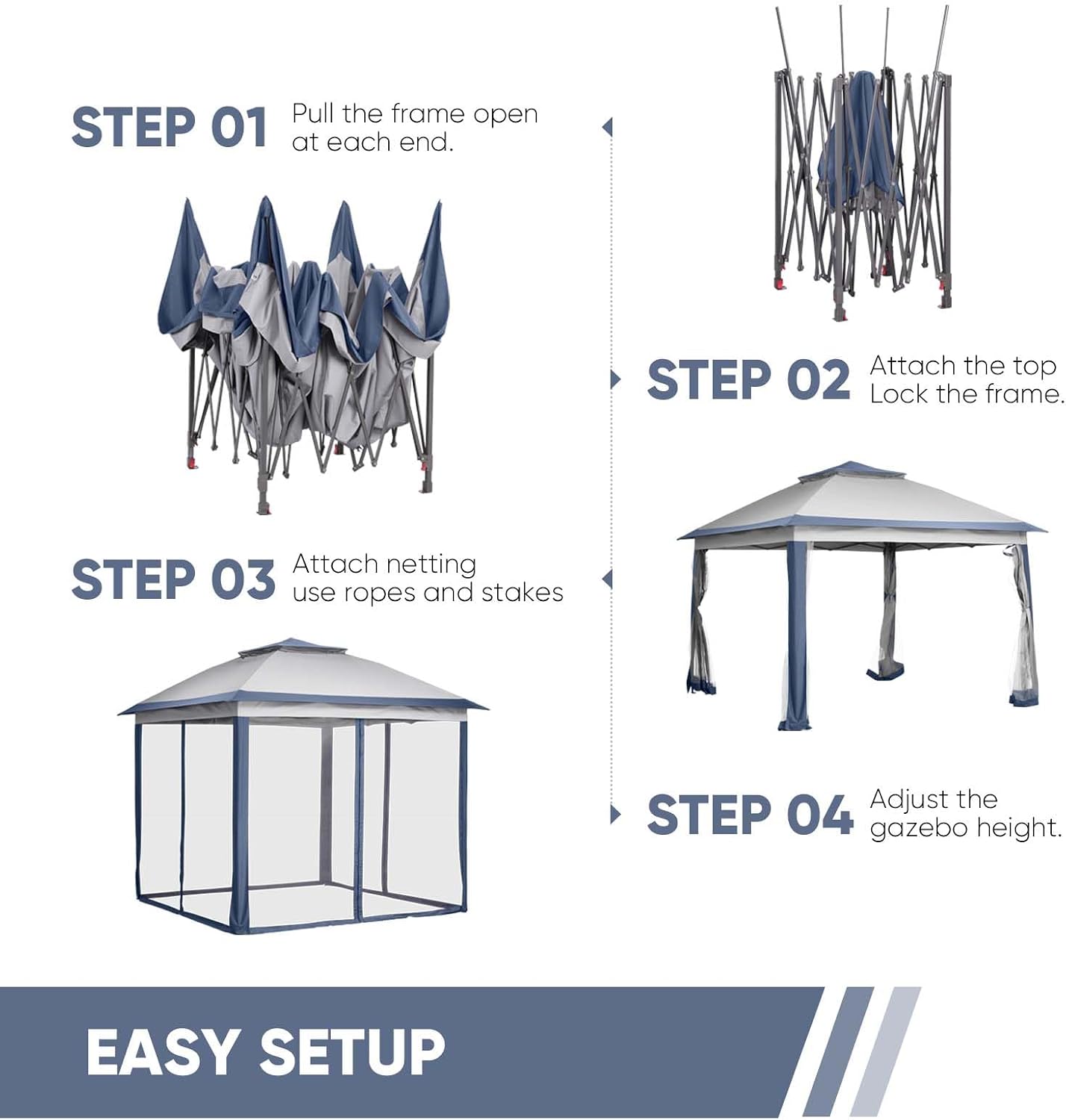 11x11 FT Gazebo Tent, Outdoor Tents for Parties with Mosquito Netting, Folding Heavy Duty Height Adjustable Canopy Tent for Patio Backyard Garden (Blue)