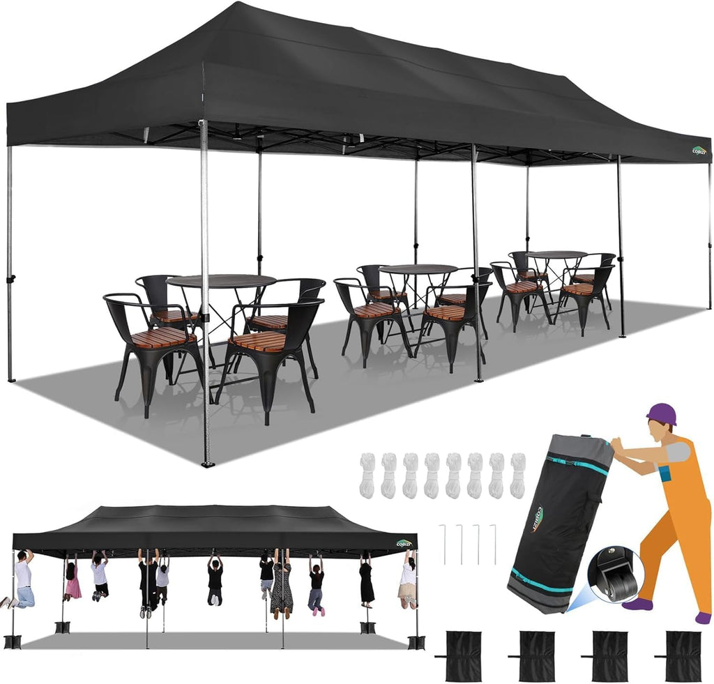 COBIZI 10x30 Pop up Canopy, Heavy Duty Outdoor Party Tents for Parties, Ez up UPF 50+ Waterproof Commercial Canopy with Wheeled Bag, Black(Windproof Upgraded)