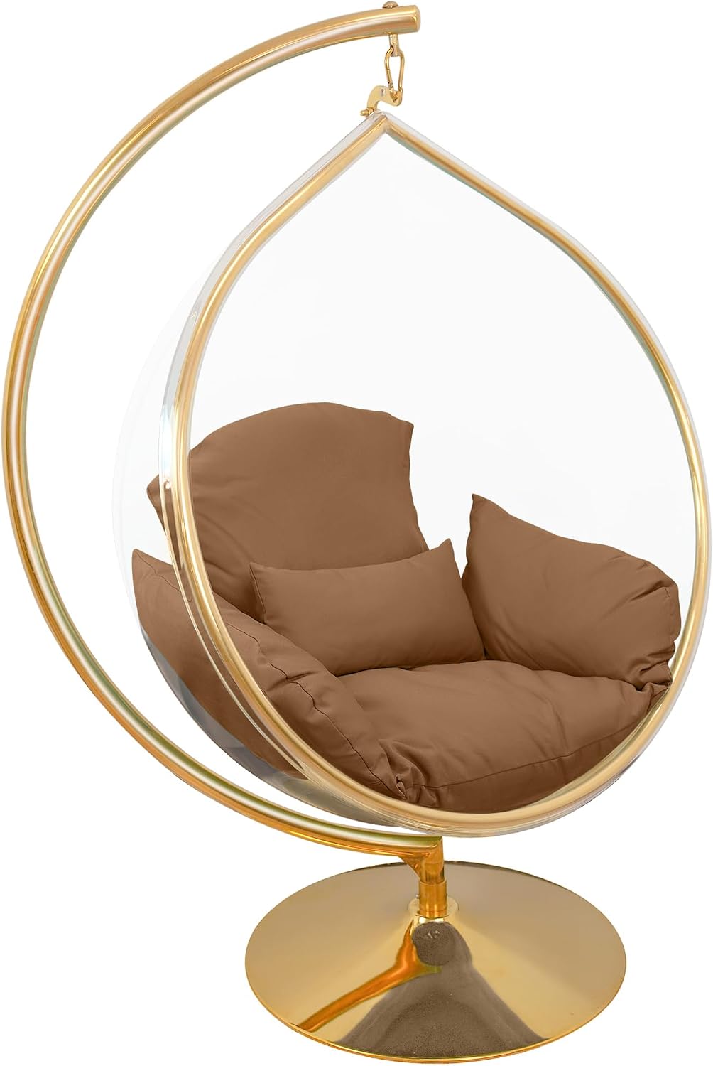 Hanging Chair - Transparent Acrylic Bubble, Waterdrop Shape, Indoor Swing Chair with Gold/Chrome Stand, Durable Fabric Cushion - Luxury Accent for Living Room, Bedroom (Gold/LightCoffee)