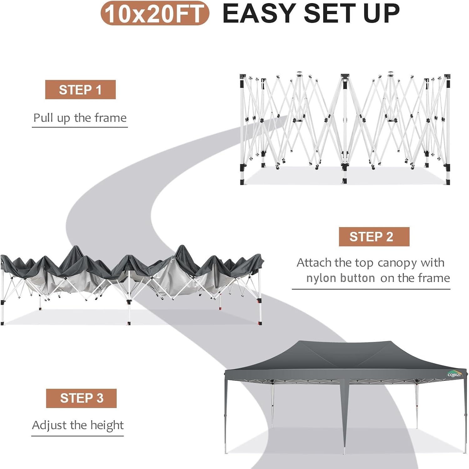 COBIZI 10x20 Pop Up Canopy with 6 Sidewalls,10x20 Canopy Tent Frame Upgraded with 3 Adjustable Heights,Waterproof UV50+ Outdoor Party Commercial Ez Up Gazebos with Carry Bag(10 x 20 ft Gray)