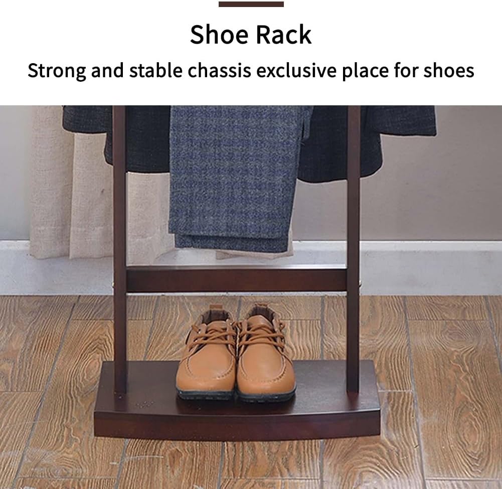 Wood Suit Valet Stand With Drawer Top Tray Freestanding Clothing Valet Stand Suit With Contour Hanger Trouser Bar Tie & Belt Hooks And Shoe Rack Clothes Rack Organizer Storage (Dark Brown B)