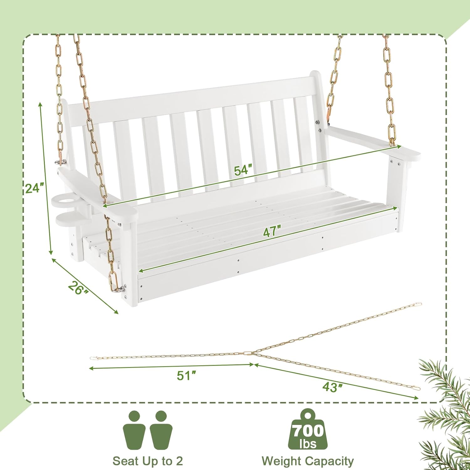 Tangkula 2 Person Hanging Porch Swing, Outdoor Bench Swing with Adjustable Chains, Hidden Cup Holder, HDPE Tree Swing Chair for Patio Backyard Deck Garden, 54 Inch