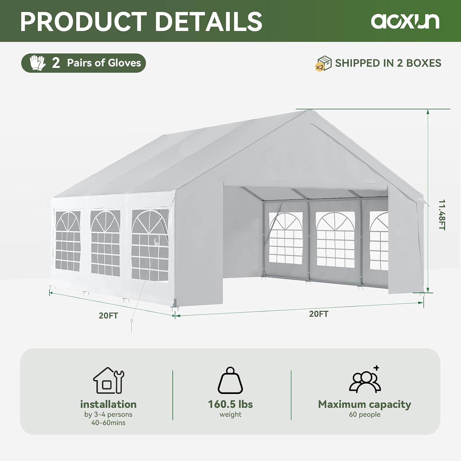 Aoxun 20x20 Party Tent Canopy for Weddings Waterproof Event Tent with Removable Sidewalls &Roll-up Door, Heavy-Duty Steel Frame for Outdoor Weddings, BBQ, Birthday Parties, & Camping,White