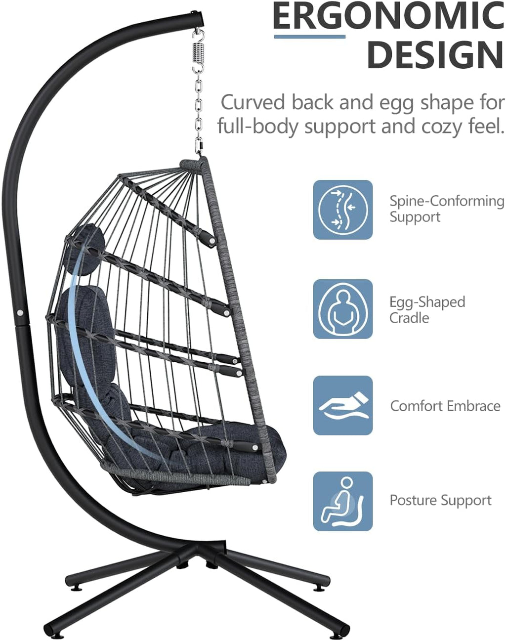 SWITTE Egg Chair Outdoor with Stand, Indoor Wicker Hanging Egg Swing Chair with Cushion, 350lbs Capacity for Patio, Bedroom, Garden - Dark Grey