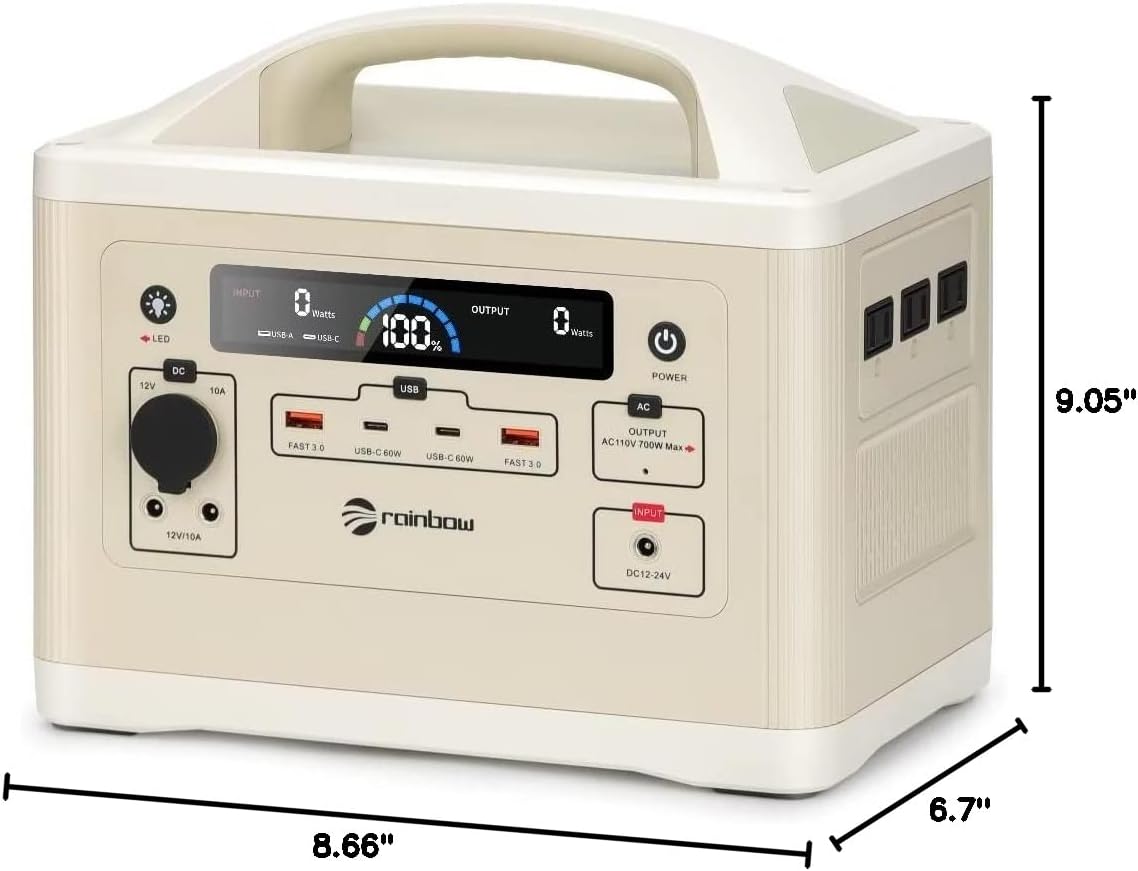 RAINBOW Portable Power Station 700W, 537Wh Backup LiFePO4 Battery, Solar Generator for Outdoor Camping, 3 x 110V/700W(Peak 1400W) AC Outlets, Quick Charge for Home, Hiking