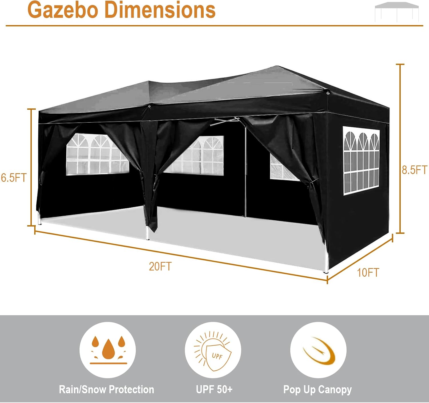 10x20 Black Pop Up Canopy Outdoor Party Tent with 6 Sidewalls, Wedding Party Tent Outdoor Waterproof UV50 Canopy Event Shelter Tents for Parties, 6 pcs Weight Bag,Carry Bag