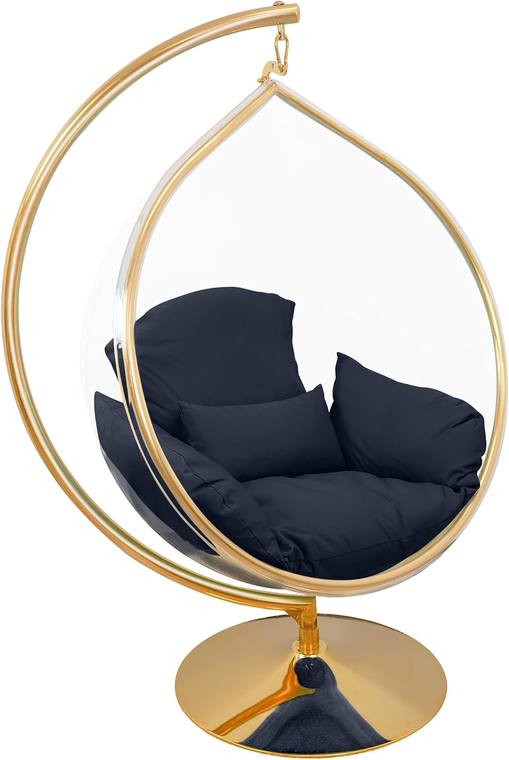 Hanging Chair - Transparent Acrylic Bubble, Waterdrop Shape, Indoor Swing Chair with Gold/Chrome Stand, Durable Fabric Cushion - Luxury Accent for Living Room, Bedroom (Gold/NavyBlue)