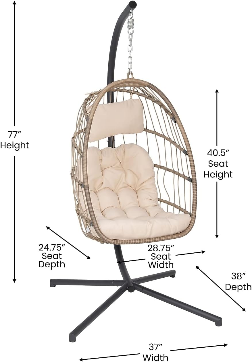 Flash Furniture Cleo Indoor/Outdoor Patio Hanging Egg Chair - Natural Frame with Cream Seat Cushions - Black Powder Coated C-Style Stand - Hanging Hardware Included