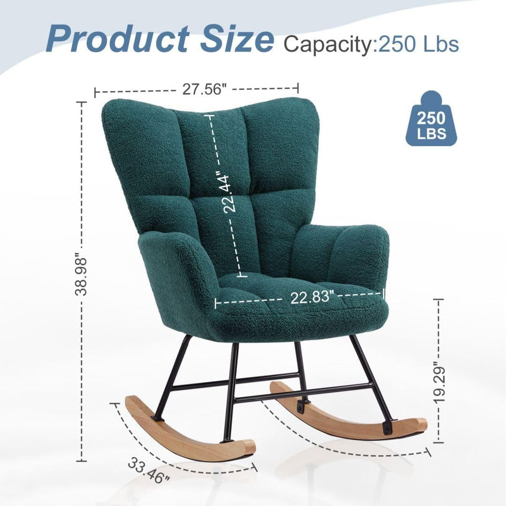 Nursery Rocking Chair, Boho Accent Ottoman, Teddy Upholstered Glider Rocker Accent Chair with High Backrest for Living Room, Small Spaces, Bedroom, Green