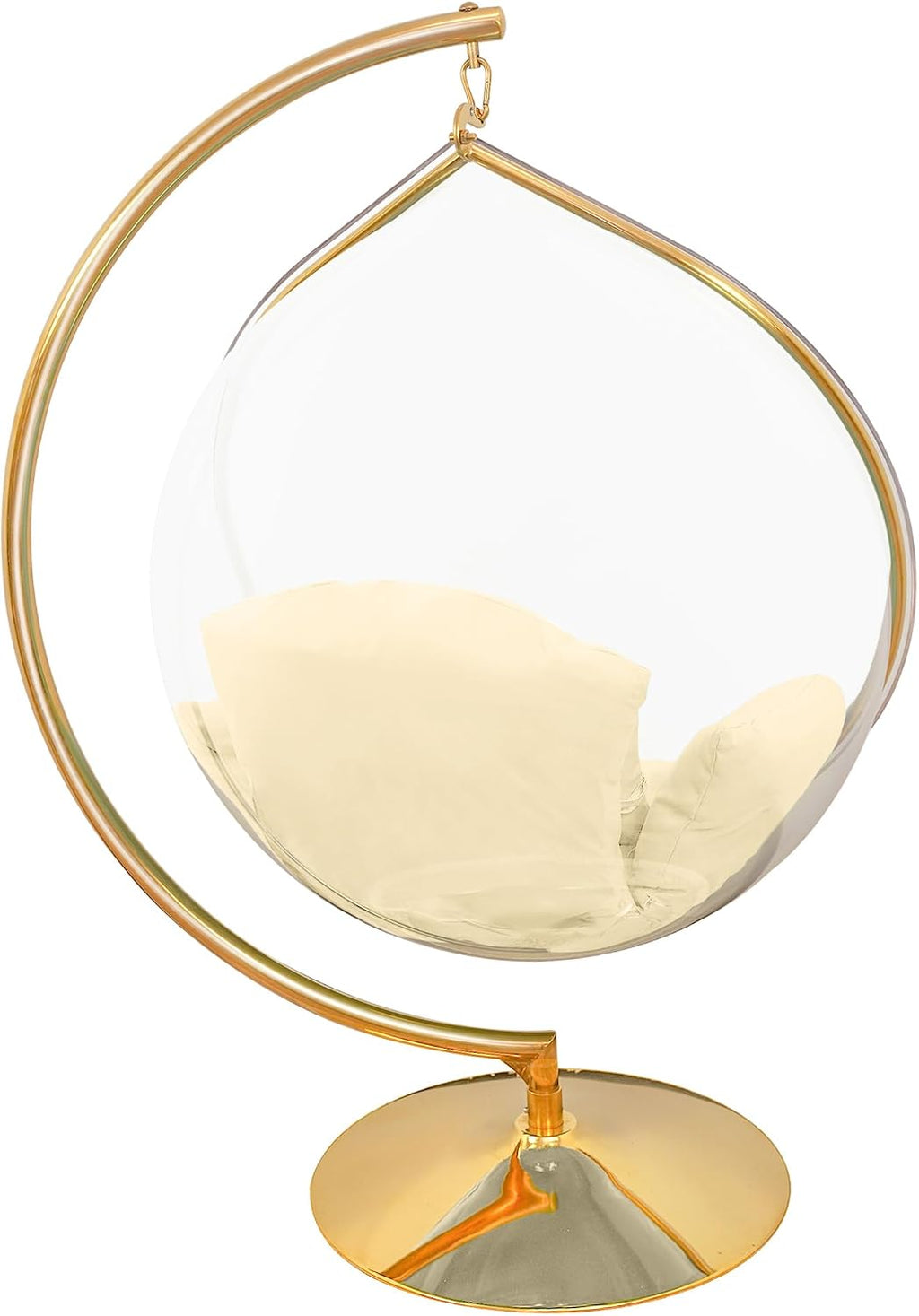 Hanging Chair - Transparent Acrylic Bubble, Waterdrop Shape, Indoor Swing Chair with Gold/Chrome Stand, Durable Fabric Cushion - Luxury Accent for Living Room, Bedroom (Gold/Ivory)