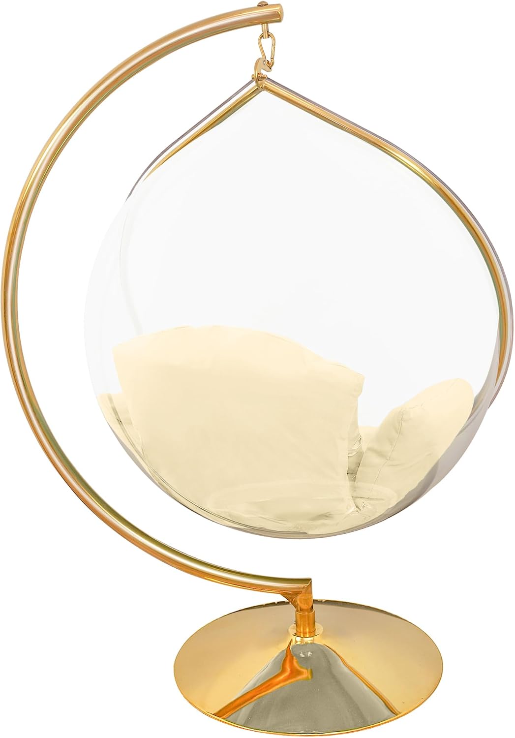 Hanging Chair - Transparent Acrylic Bubble, Waterdrop Shape, Indoor Swing Chair with Gold/Chrome Stand, Durable Fabric Cushion - Luxury Accent for Living Room, Bedroom (Gold/Ivory)