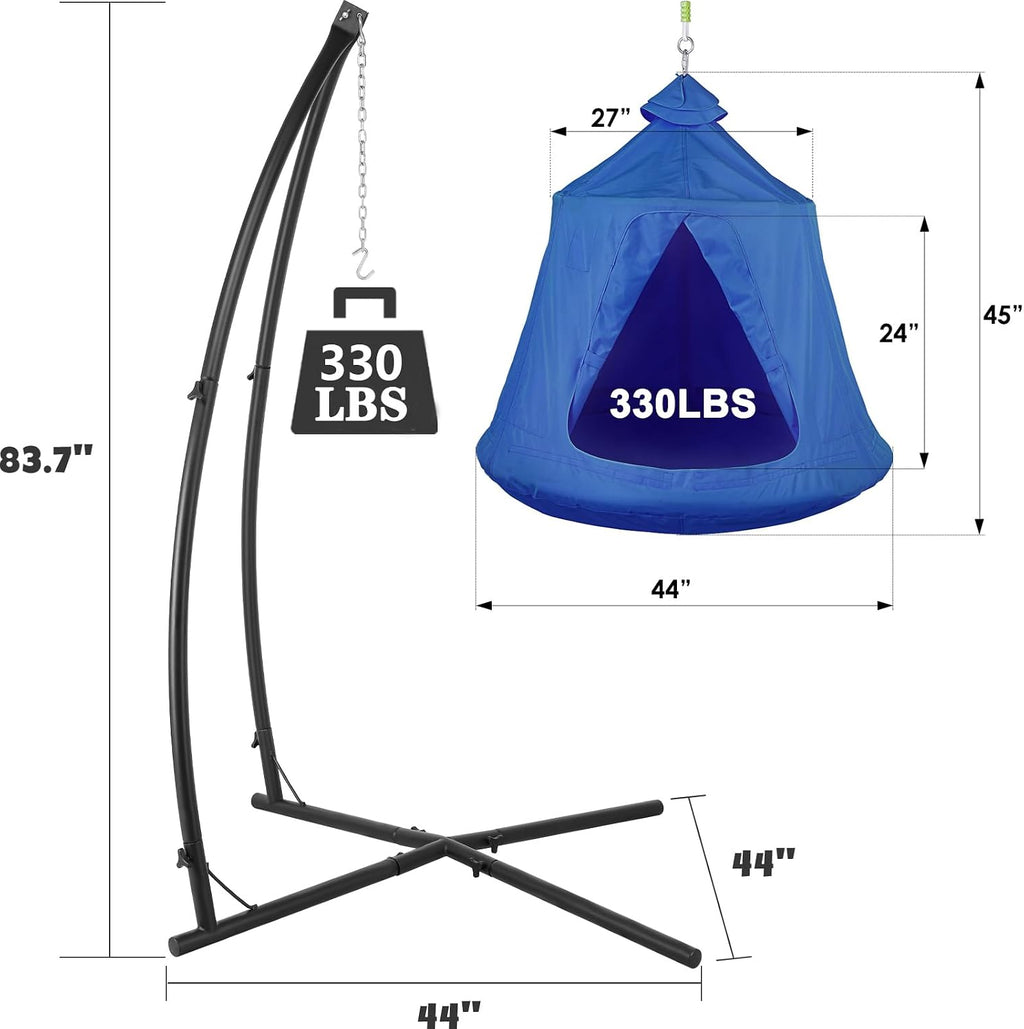 X-Shaped Hanging Tree Tent w/Swing Chair,Hammock Chair Stand Canopy w/Steel Frame,Indoor Outdoor Egg Basket Patio Seat w/Adjustable Solid Stand,Bedroom Porch Balcony Garden 330lb (Blue)