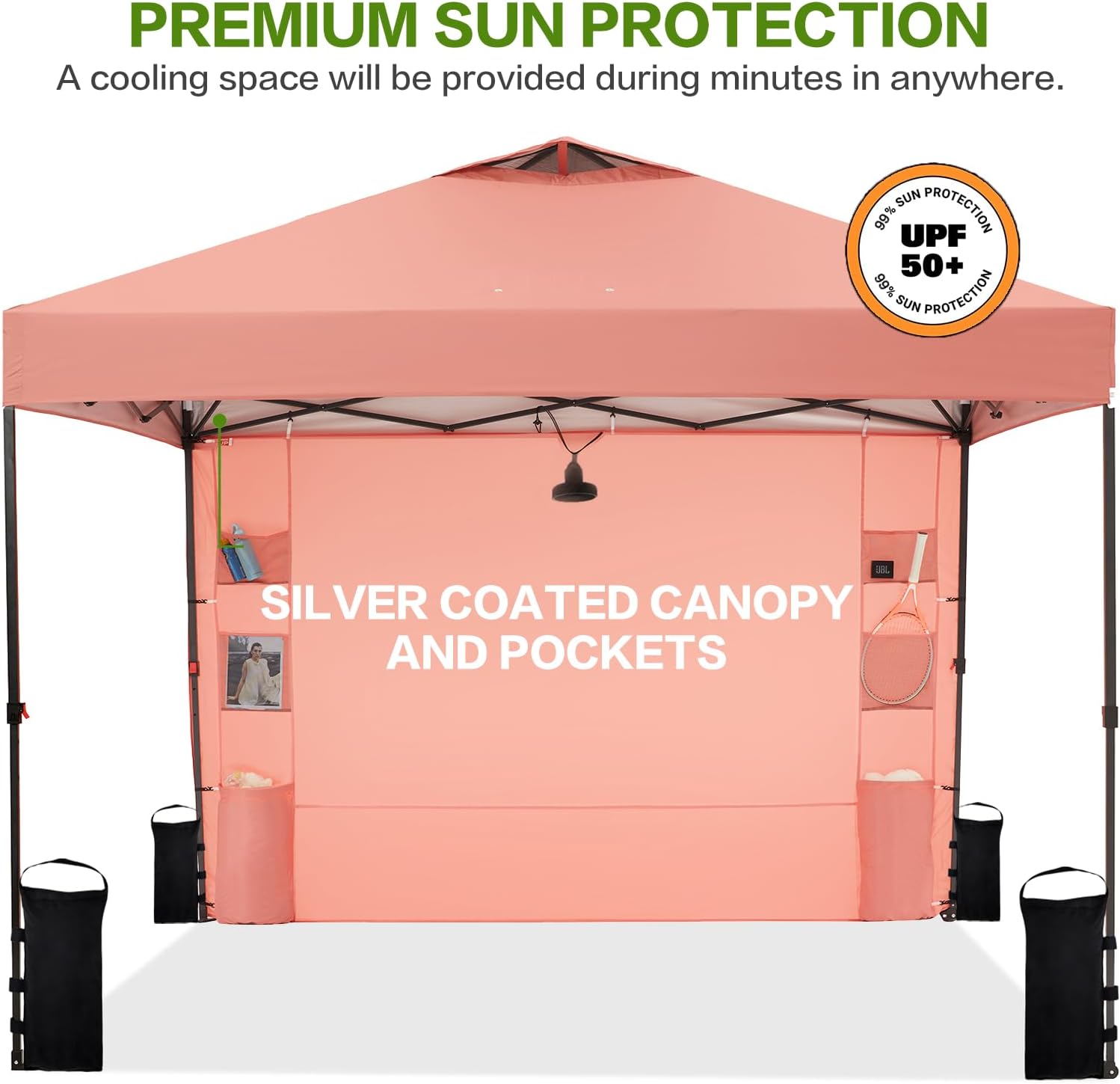 Tunbne 10'x10' Pop Up Canopy Tent with 1 Sidewall and 6 Pockets, One Push Setup, Instant Shade Tent with Vented Roof for Beach Patio Outdoor, Case, 8 Stakes, 4 Ropes, 4 Sandbags (Ocher, 10x10)