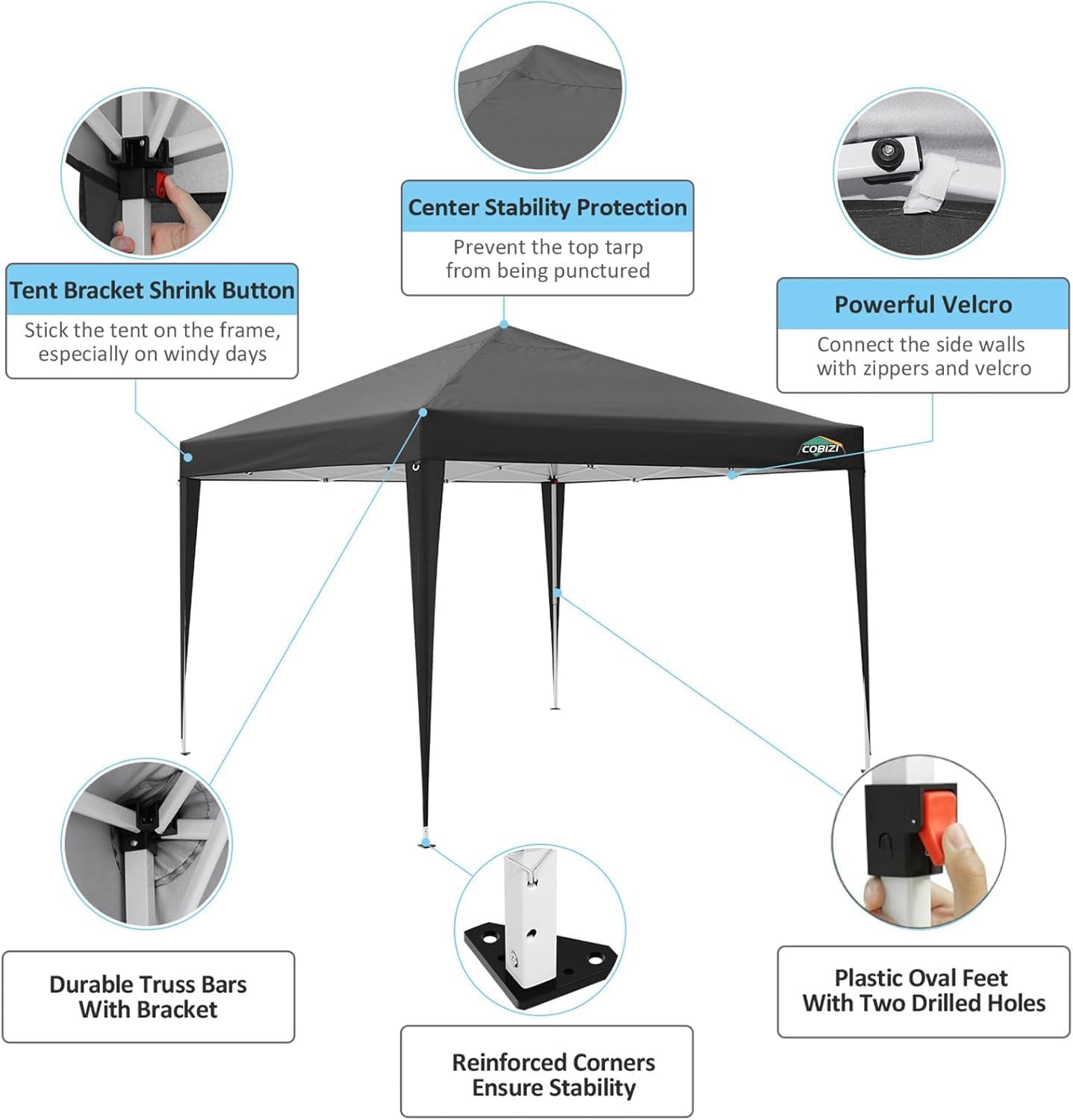 COBIZI 10x10 Pop Up Canopy Tent with 4 Removable Sidewalls, Waterproof Outdoor Commercial Easy Set Up Gazebo Tent Canopy Tents for Party/Exhibition/Picnic with Carry Bag,8 Stakes & 4 Ropes (Black.
