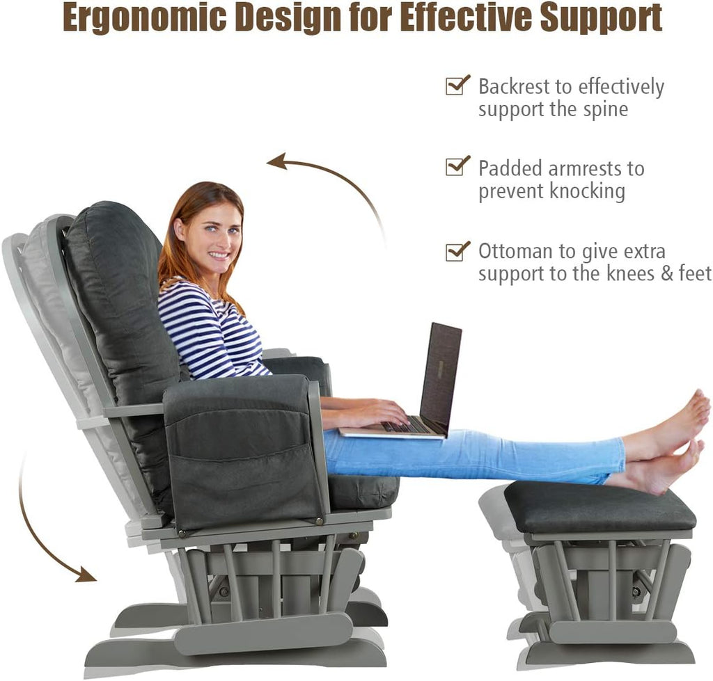 Costzon Nursery Glider with Ottoman, Upholstered Comfort Glider Rocker with Padded Cushion, Storage Pocket, Solid Wood Base, Rocking Chair Nursery for Breastfeeding, Napping (Dark Gray)