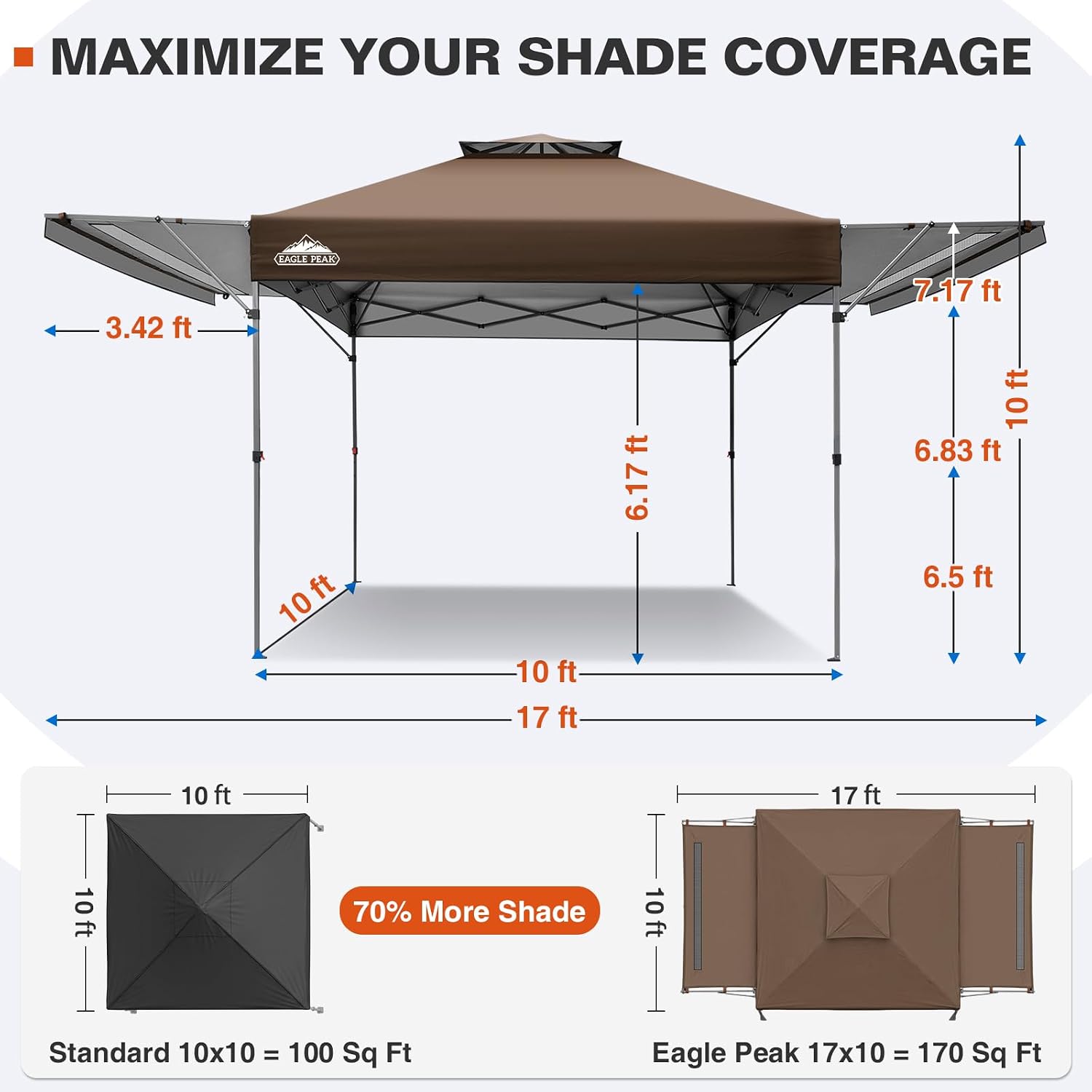 EAGLE PEAK 17x10 Pop up Gazebo Canopy Tent Outdoor Instant Canopy Shelter with Adjustable Dual Half Awnings (Brown)