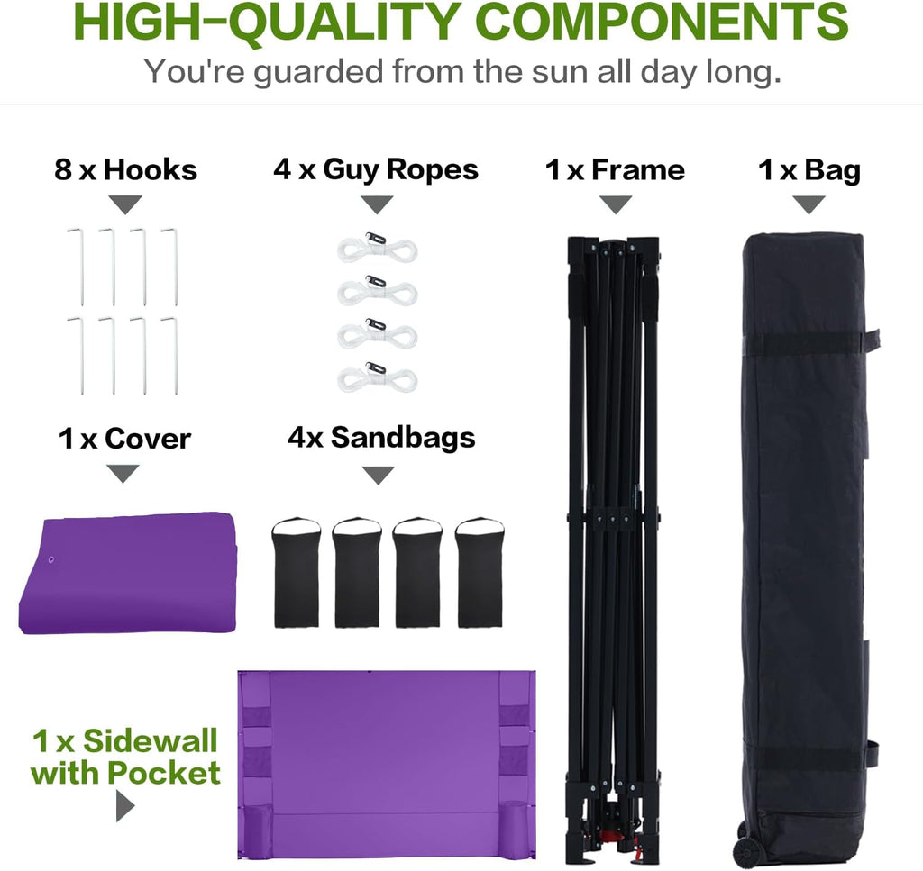 Tunbne 12'x12' Pop Up Canopy Tent with 1 Sidewall and 6 Pockets, One Push Setup, Case, 8 Stakes, 4 Ropes, 4 Sandbags (Purple, 12x12)