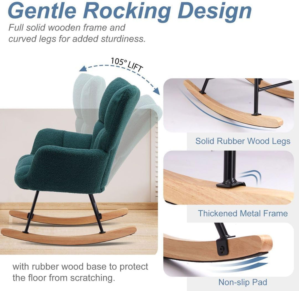 Nursery Rocking Chair, Boho Accent Ottoman, Teddy Upholstered Glider Rocker Accent Chair with High Backrest for Living Room, Small Spaces, Bedroom, Green