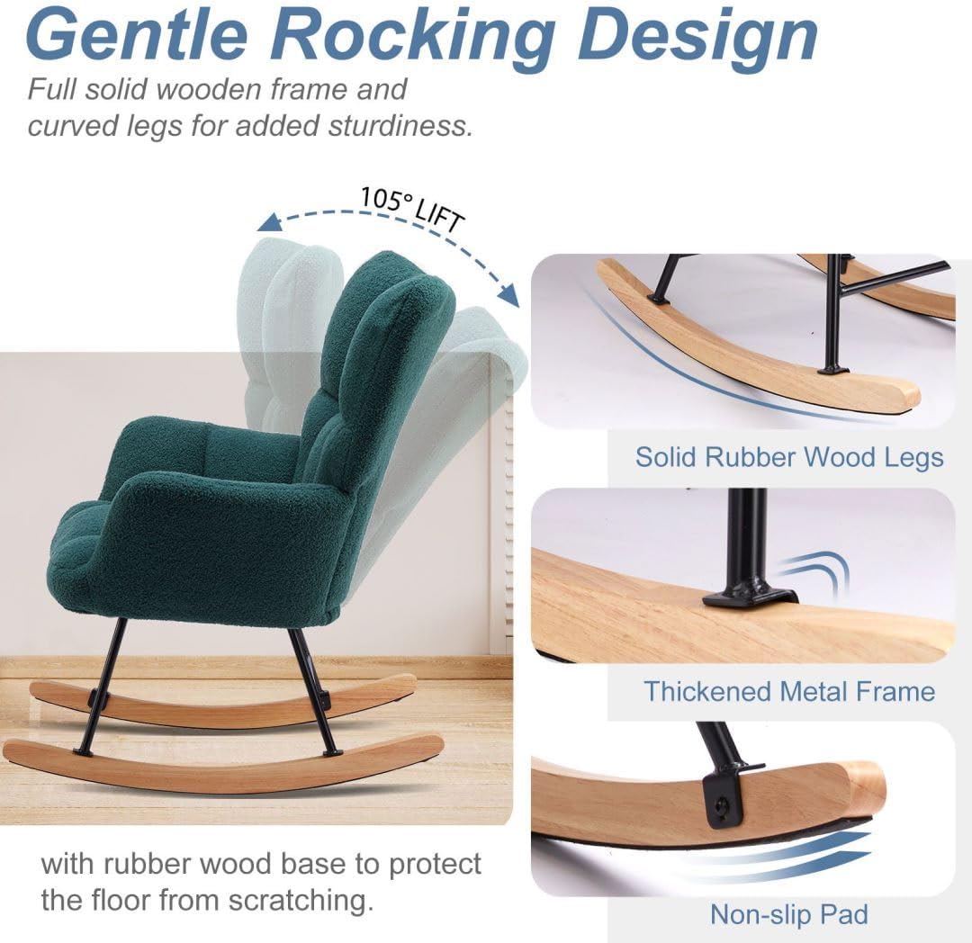 Nursery Rocking Chair, Boho Accent Ottoman, Teddy Upholstered Glider Rocker Accent Chair with High Backrest for Living Room, Small Spaces, Bedroom, Green