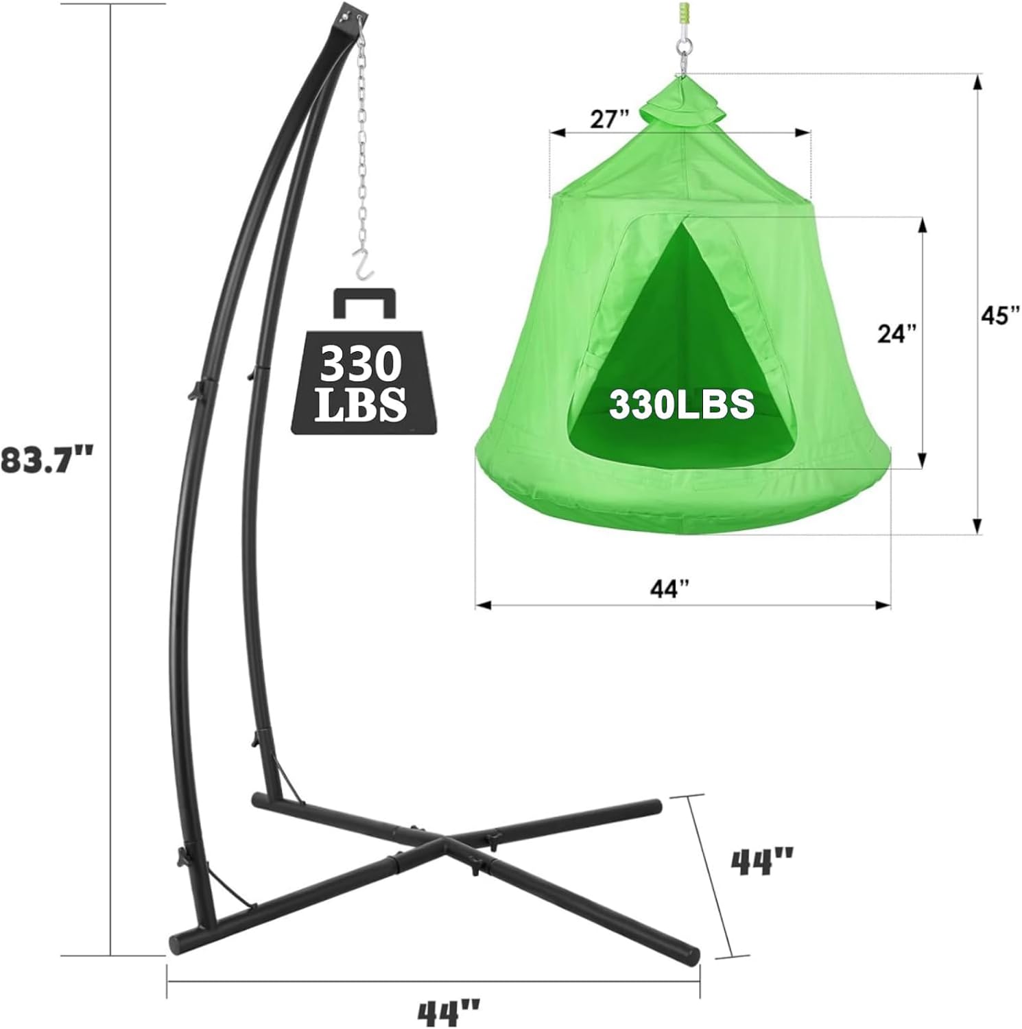 X-Shaped Hanging Tree Tent w/Swing Chair,Hammock Chair Stand Canopy w/Steel Frame,Indoor Outdoor Egg Basket Patio Seat w/Adjustable Solid Stand,Bedroom Porch Balcony Garden 330lb (Green)