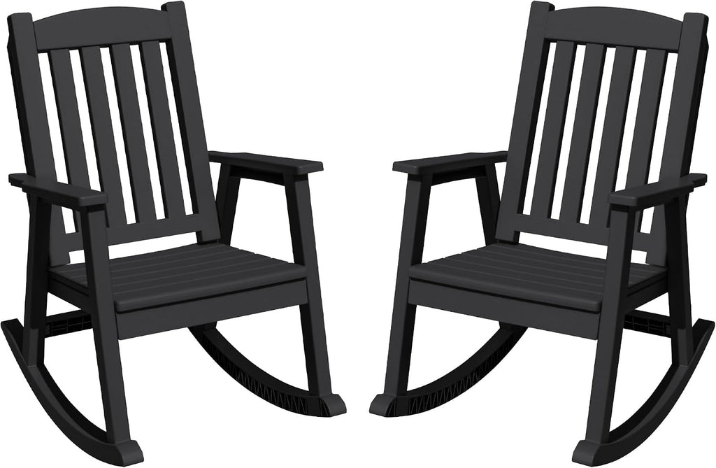 Greesum Set of 2 Outdoor Rocking Chair, 300lbs All-Weather Patio Rocker, Rust-Proof & UV-Resistant, Comfortable Smooth Glide for Deck, Porch, Lawn, or Garden, Black