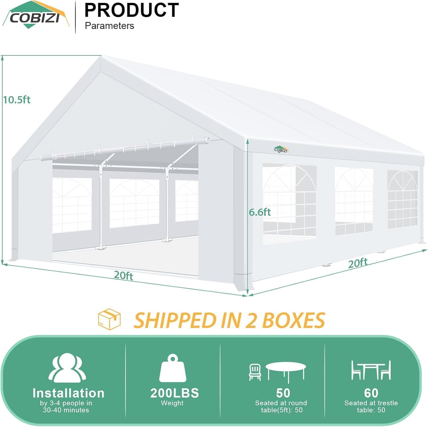 COBIZI 20x20 Heavy Duty Party Tent Outdoor Waterproof Canopy with 10 Church Windows & 6 Sidewalls, Built-in Sandbag, White Powder Coating Commercial Event Shelter Tents for Parties Wedding BBQ Patio