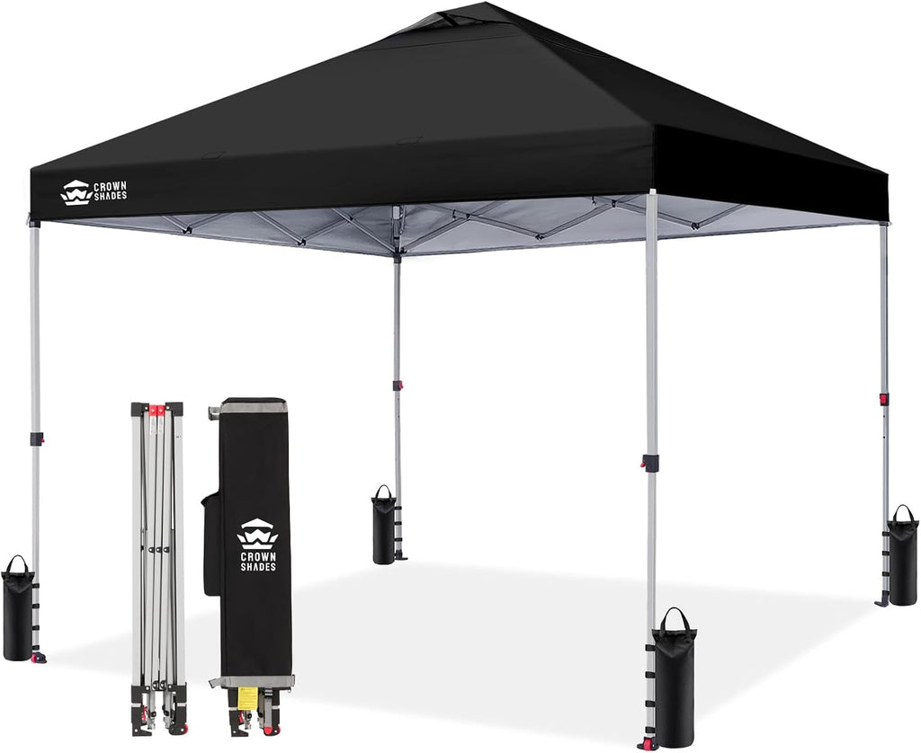 CROWN SHADES 12x12 Pop Up Canopy Outside Canopy, Patented One Push Tent Canopy with Wheeled Carry Bag, Bonus 8 Stakes and 4 Ropes, Black