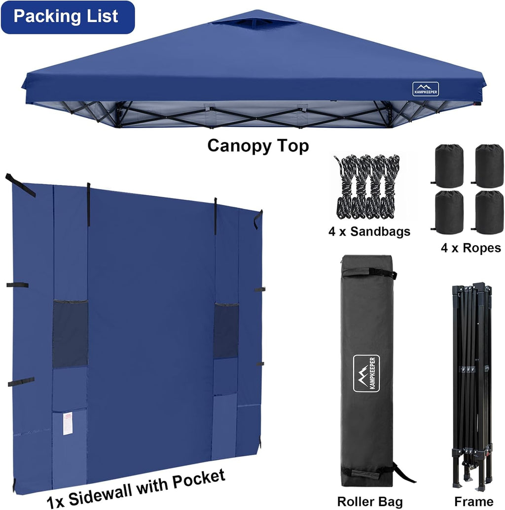 KAMPKEEPER 10x10 Easy Pop Up Canopy Tent with Sidewalls, Instant Outdoor Shade Shelter with Removable 10FT Sun Walls, Quick Setup Waterproof and UV-Resistant(Navy Blue, 10x10FT with 1 sidewall)