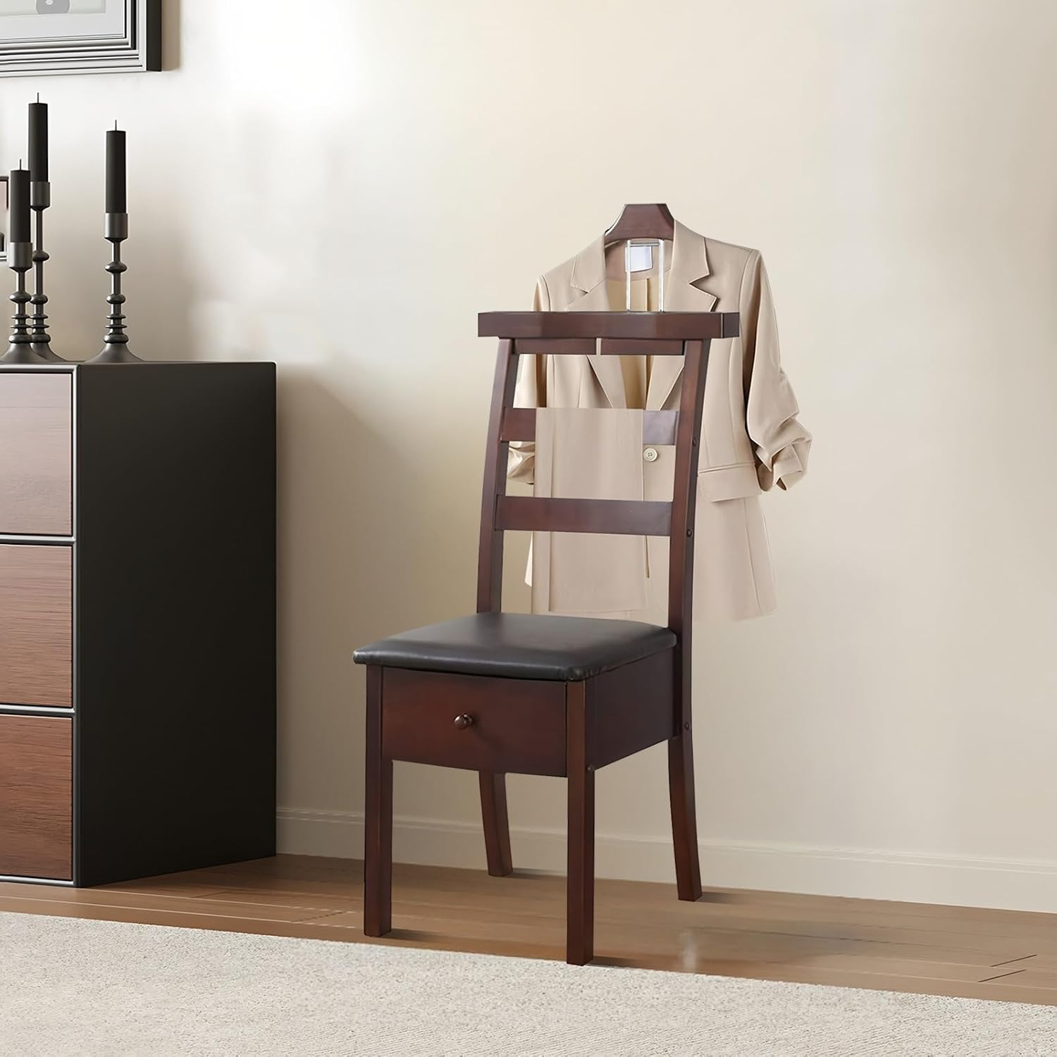 Chair Valet with cushioned seat Freestanding Suit Stand&Clothes Butler Wood Valet Stand with Drawer&Tray Clothing Rack with Contour Hanger Trouser Bar Suit Rack for Living Room Office Dressing Room