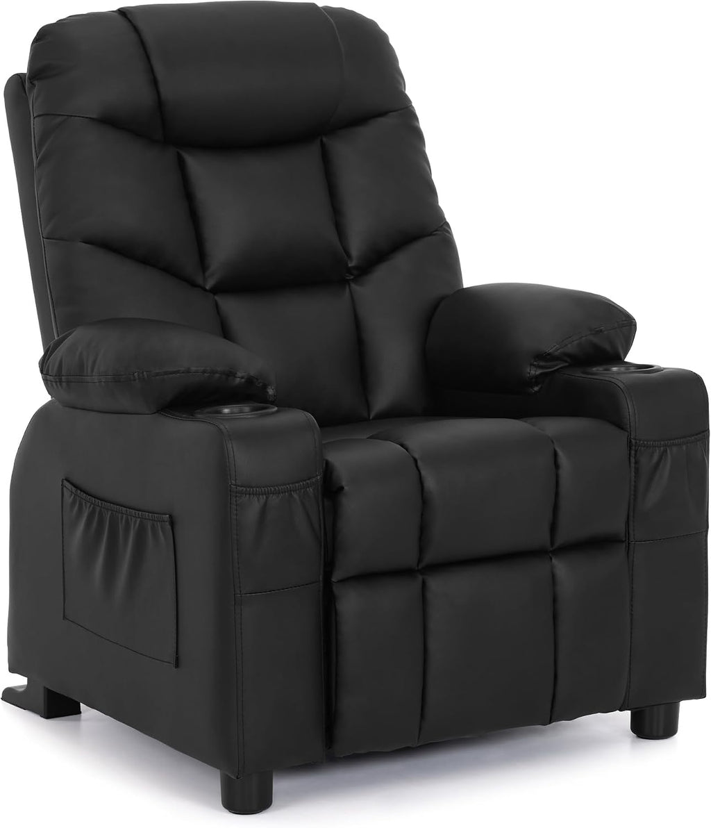 MCombo Big Kids Recliner for Ages 3+, Child Reclining Chair, Toddlers Recliner Sofa with Cup Holders (Faux Leather, Black)