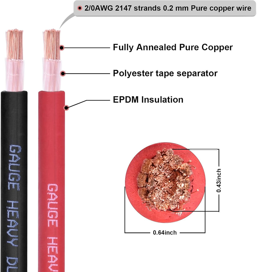 2/0 Gauge Battery Cable, 15FT Red + 15FT Black 2/0 AWG Pure Copper Wire Welding Cable, for Automotive, Battery, Solar and Generator, Standard USA OFC Wire