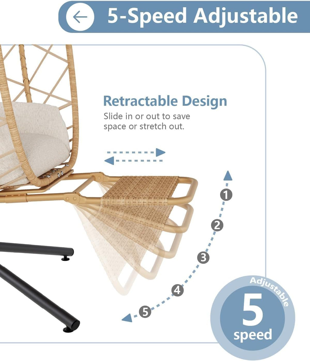 SWITTE Hanging Egg Chair with Stand & Footrest, Outdoor Indoor Rattan Wicker Swing Chair, Comfy Patio Egg Hammock Chairs with Cushion for Garden Backyard Balcony Bedroom, Natural