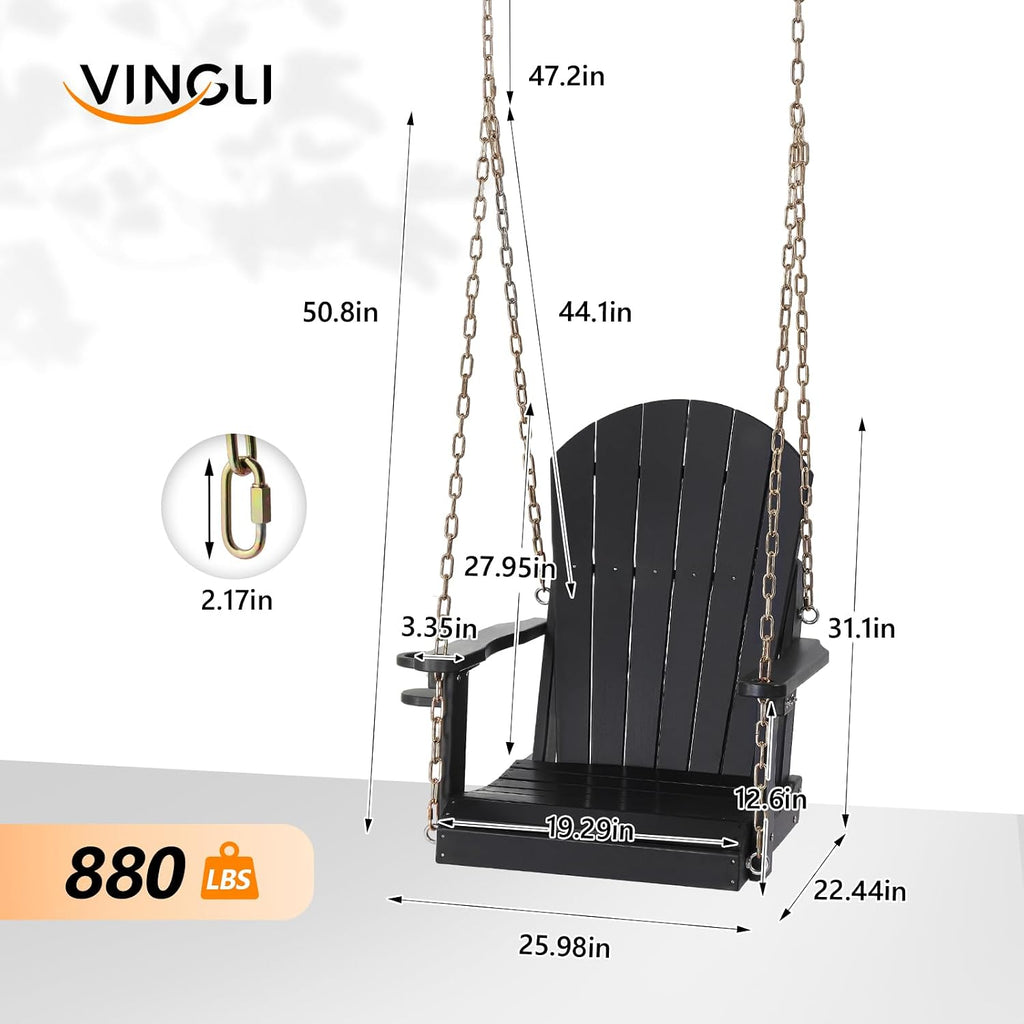 VINGLI Heavy Duty 880 LBS HDPE Porch Swing Outdoor with Rotatable Cup Holder, 1-Person Patio Hanging Swing with Adjustable Chains, Scalloped Backrest for Porch, Yard, Tree, Garden (Black)
